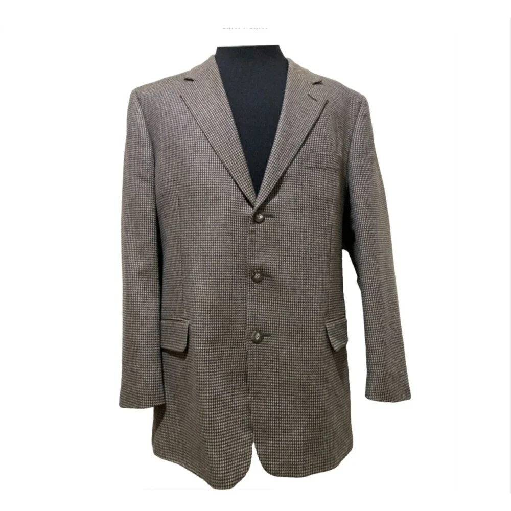 Albert Nipon Mens Size 44R Brown Houndstooth Silk Wool Sport Coat Blazer Jacket